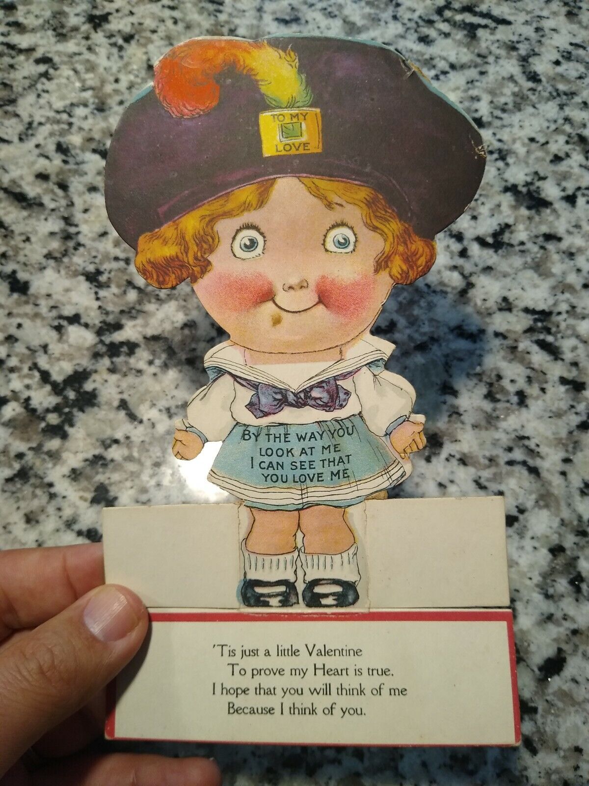 Antique Valentine Card Adorable Big Eye Girl Raspberry Beret Stand Up Large 8\