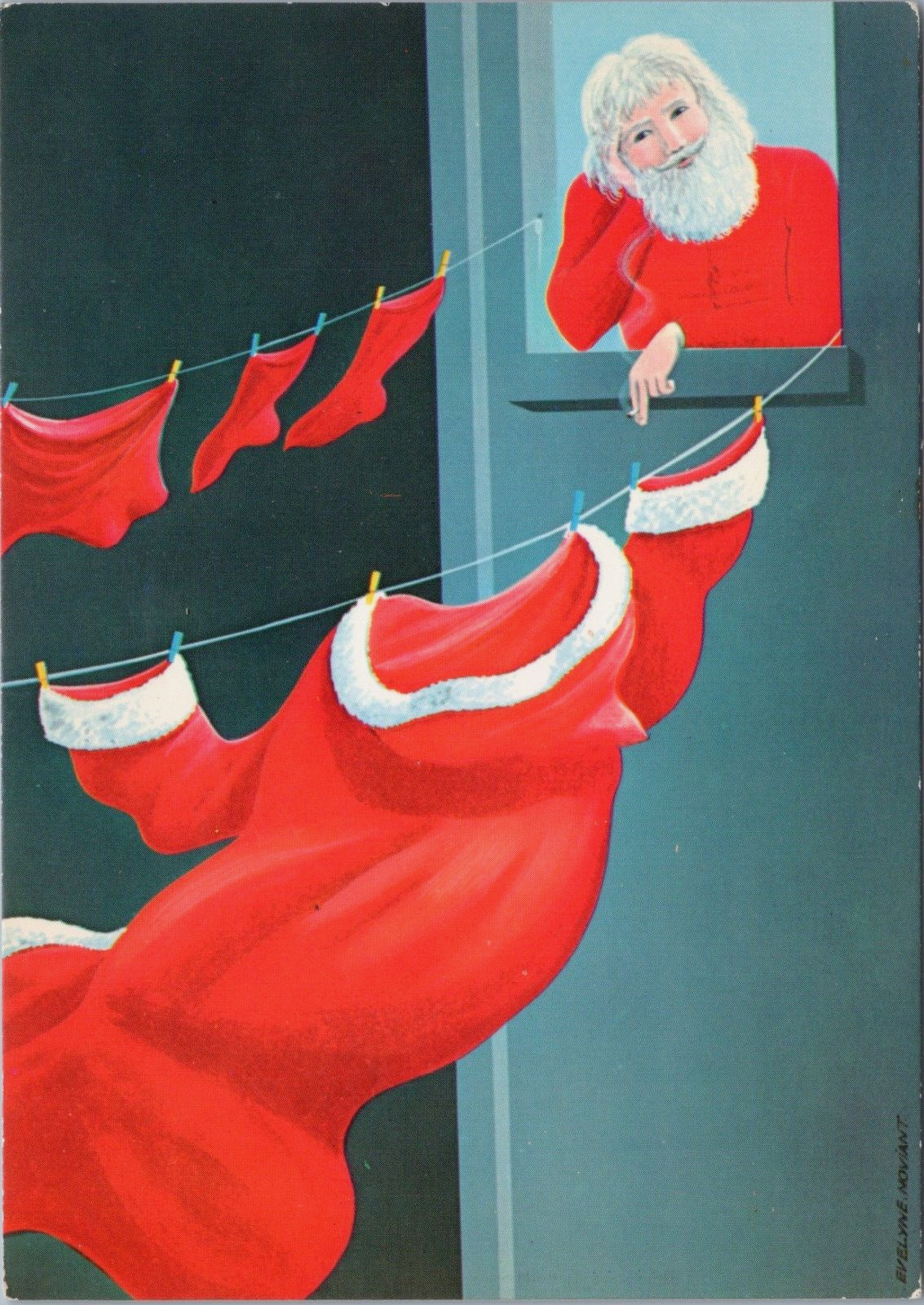 French Christmas Santa Smoking Cigarette Waits Clothesline E. Noviant Paris Art