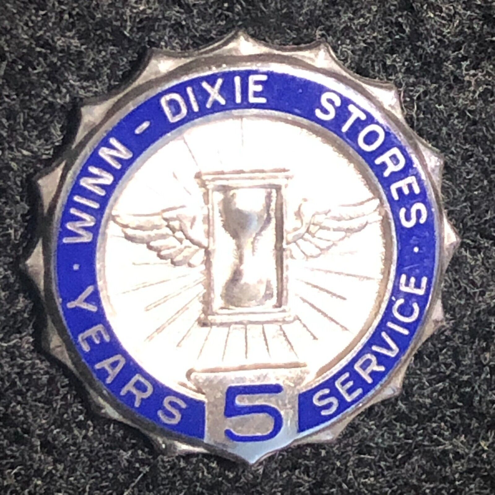 Vintage Winn - Dixie Stores 5 Years Service Lapel Pinback w/ Hourglass Sterling