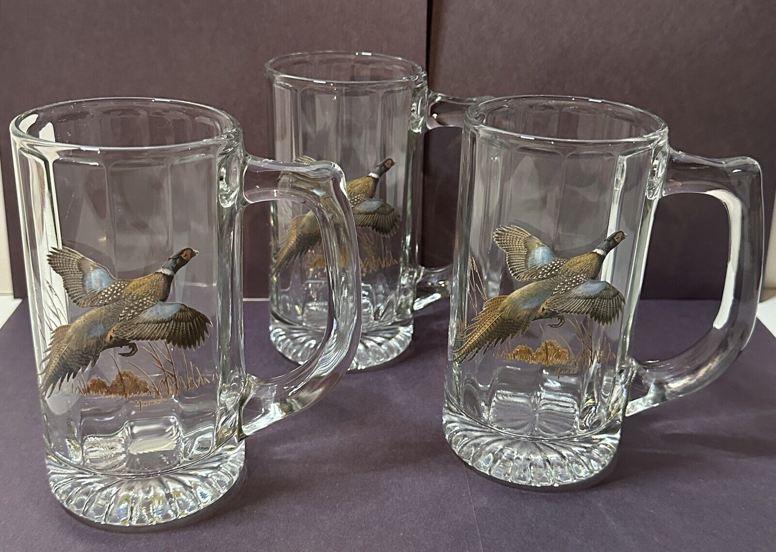 Set 3 Maass Glass Ring Pheasant Mugs Cups Beer Steins Vintage Dad Gift Hunting