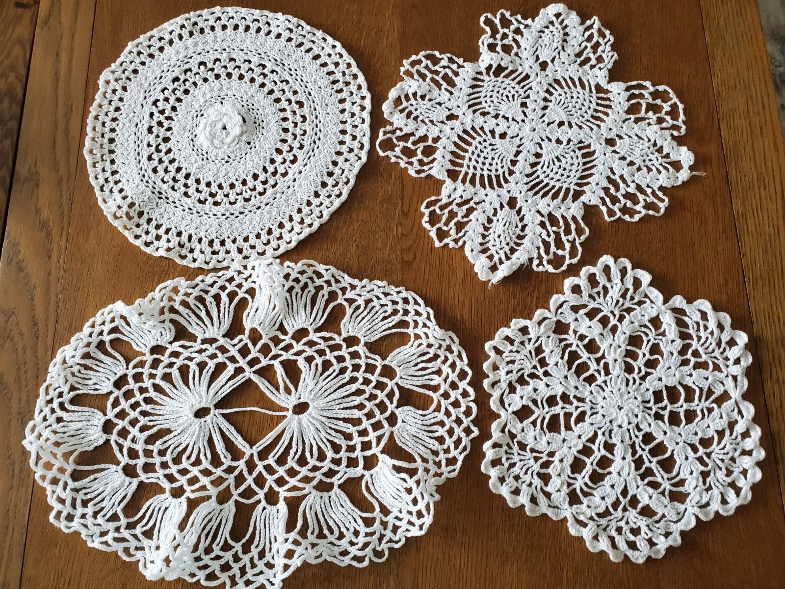 4 Different Vintage White Crochet Doilies Round Oval Raised Pineapple
