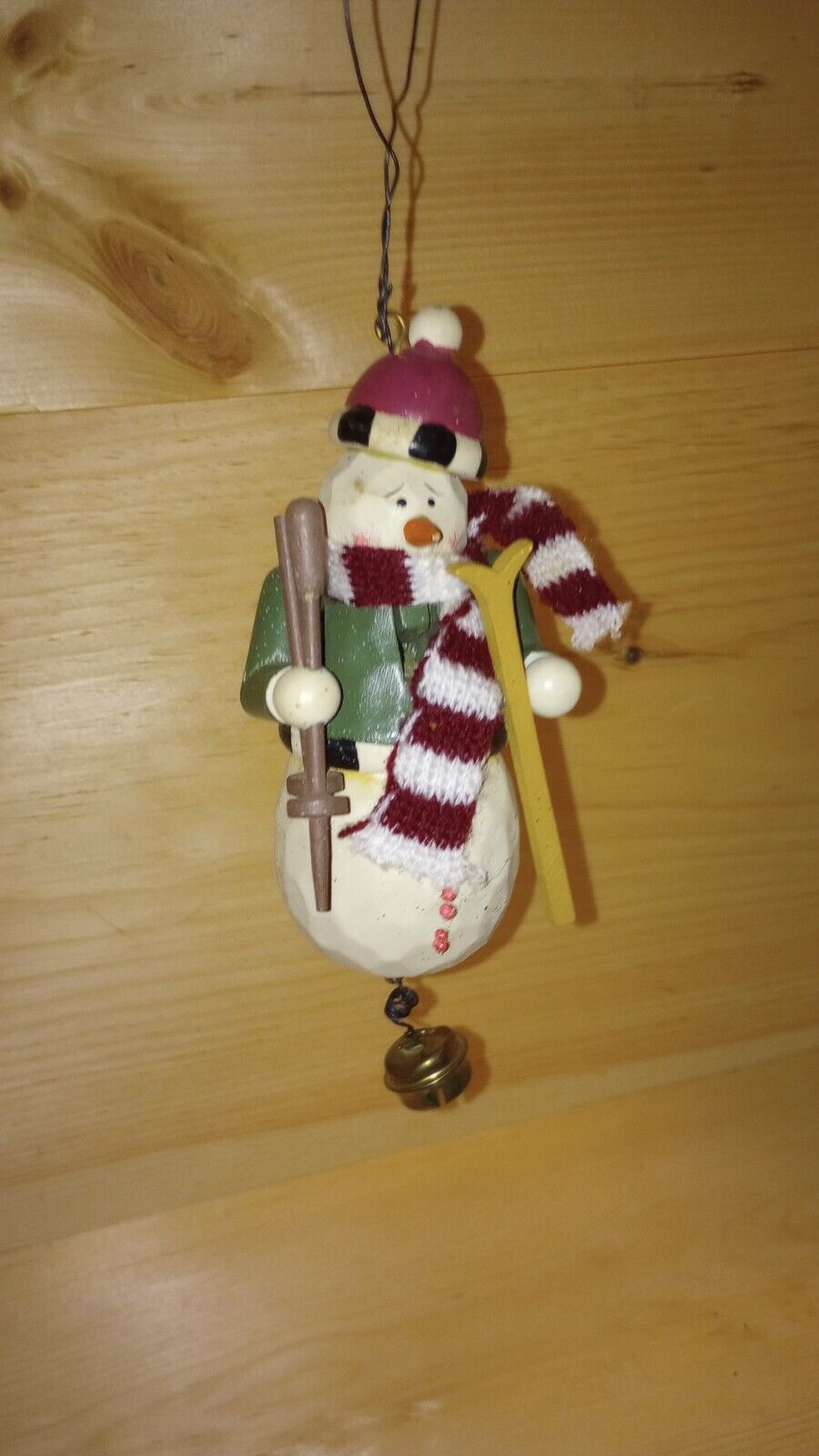 Vintage Wooden Skiing Snowman With Skis & Poles Rare Ornament