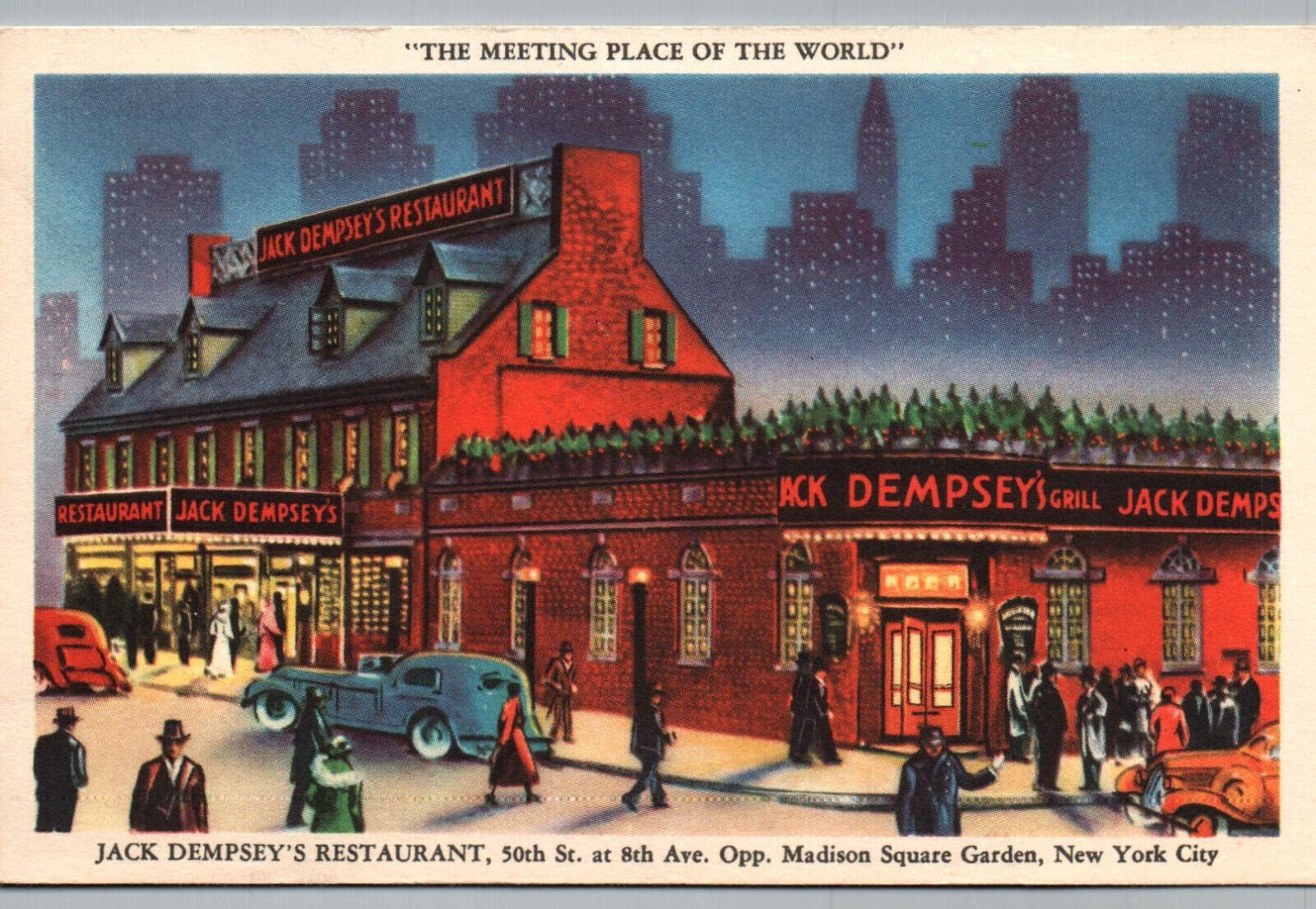Jack Dempsey's Restaurant New York City Postcard Exterior Linen Street View Old