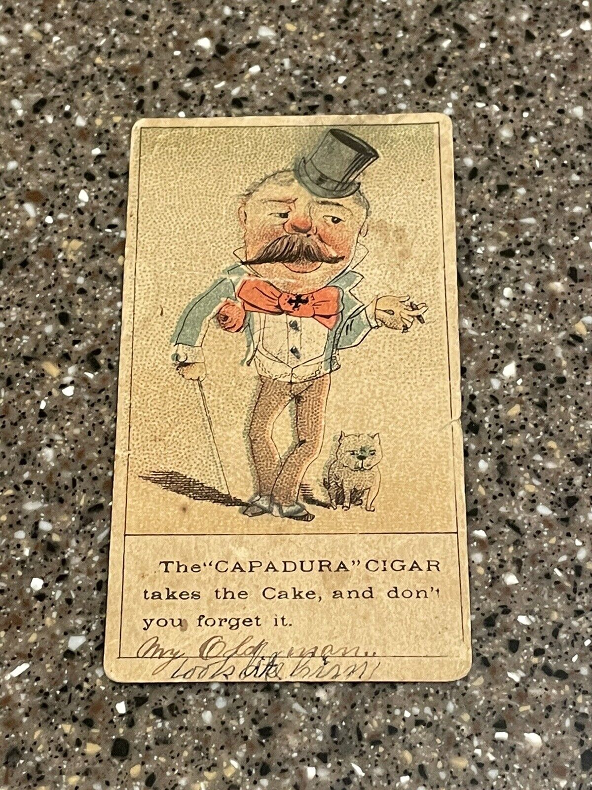 Antique Capadura Cigar Trade Card Victorian Advertising Mustache Dog Tobacco