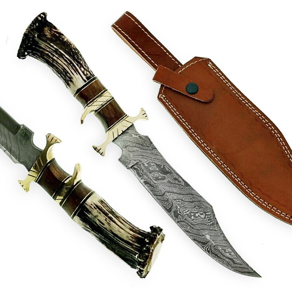BEAUTIFUL CUSTOM HAND MADE DAMASCUS STEEL HUNTING BOWIE KNIFE HANDLE STAG ANTLER
