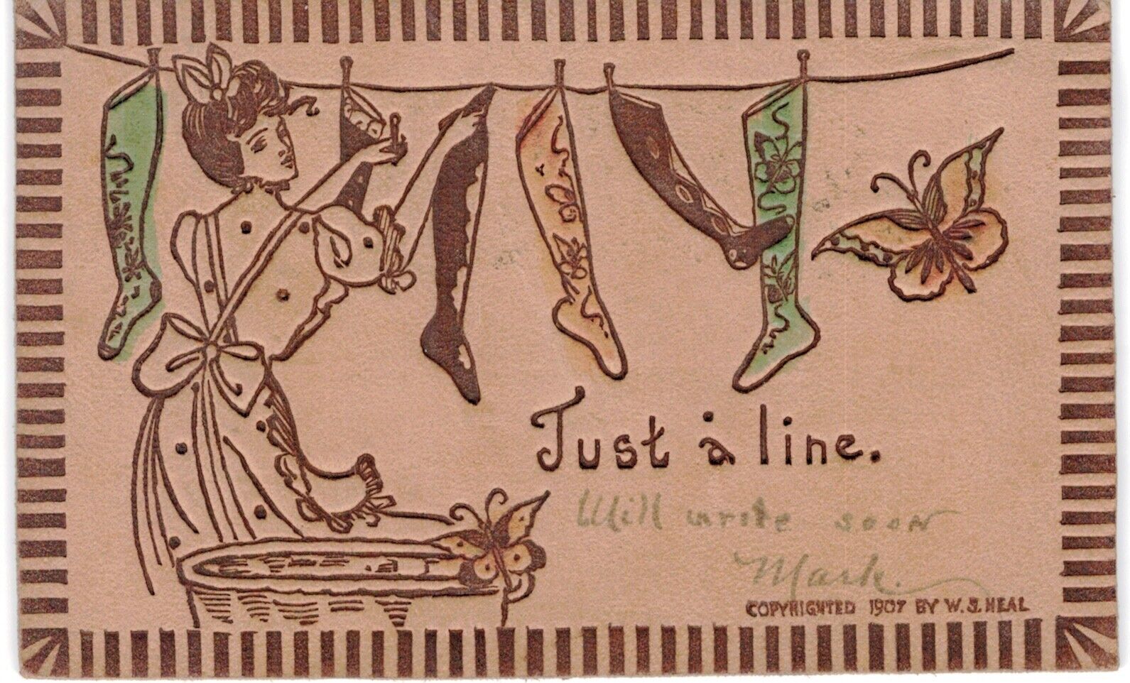 Leather Postcard Woman Hanging Washing On Line 1910 