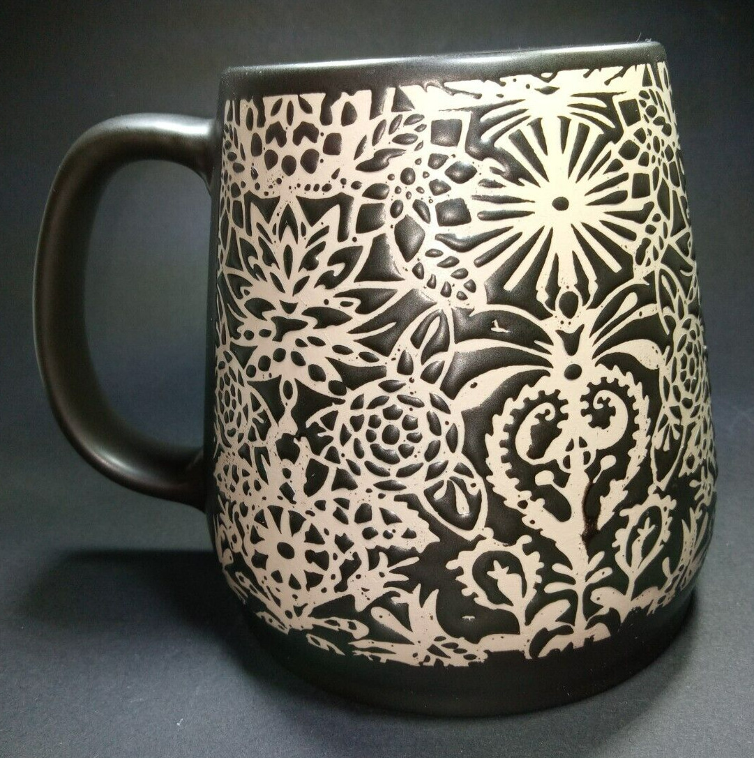 OpalHouse Mug Stoneware Large Wide Stenciled Cup Matte Dark Brown Cream EUC 22oz