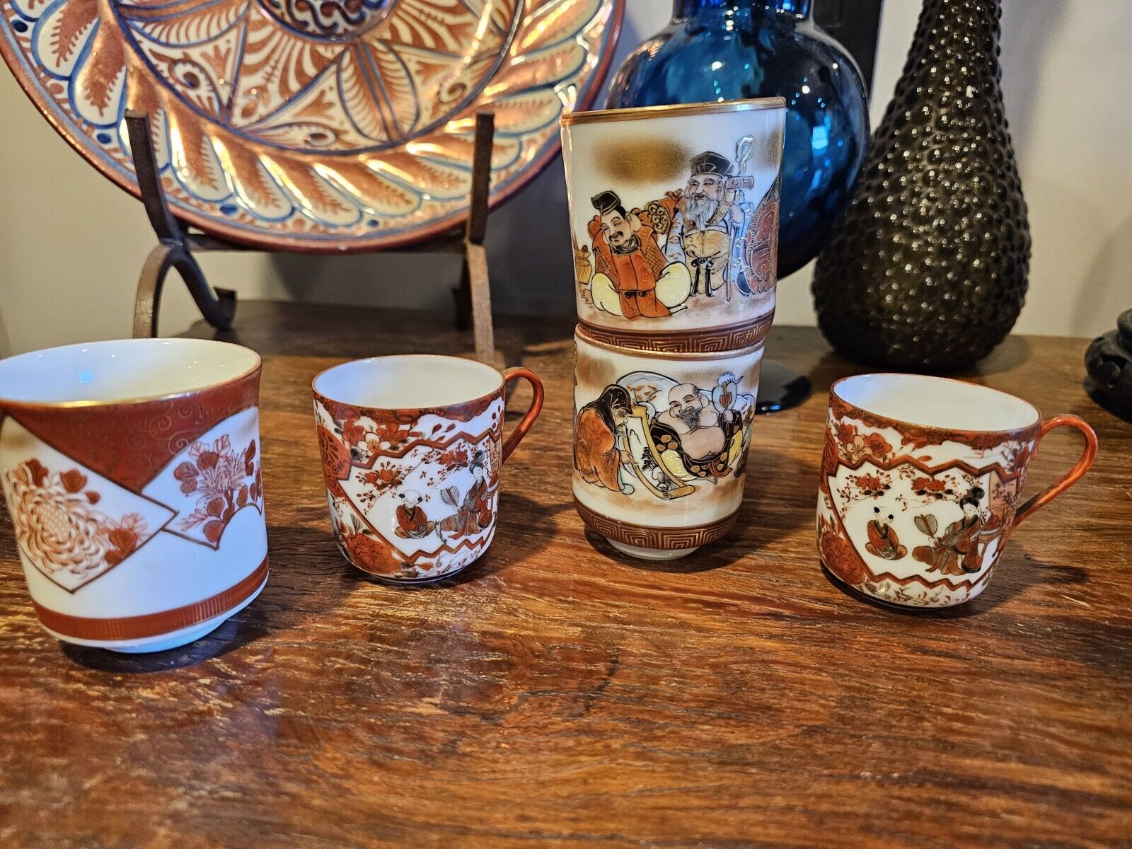Antique Japanese Tea Cups Hand Painted Sake Japan Kutani