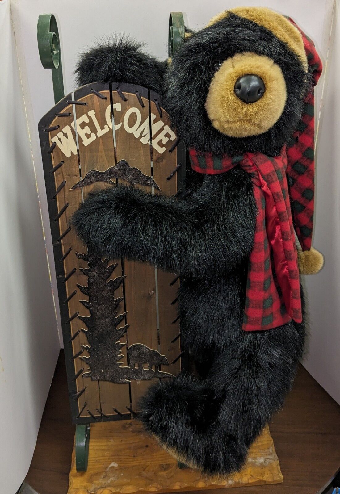 RARE DAN DEE BLACK BEAR WELCOME DISPLAY HOLDING SLED WOODEN STAND 40”  20+ LBS