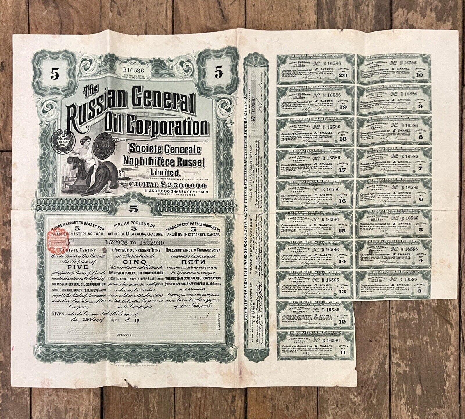 SIGNED ACTION - RUSSIAN GENERAL OIL CORPORATION - 5 POUNDS - 1913