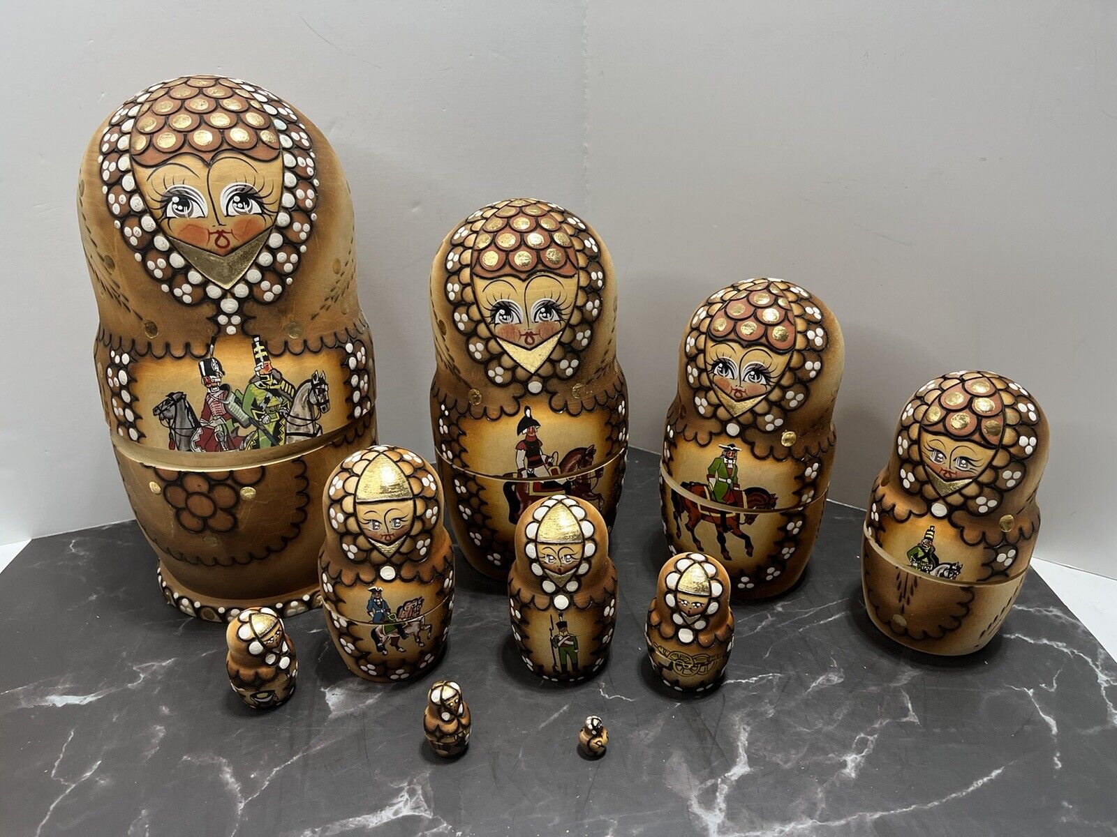 Vintage Russian Nesting Dolls 10 Piece Set Wooden Handmade