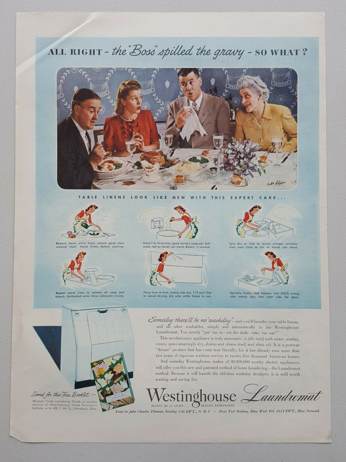 1944 Westinghouse Laundromat Automatic Washer Dinner Party Vtg Magazine Print Ad