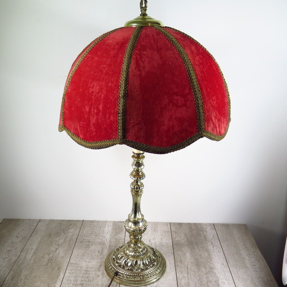 Rare 1960’s Hollywood Regency Plastic  Lamp W/Crushed Red Velvet Scalloped Shade