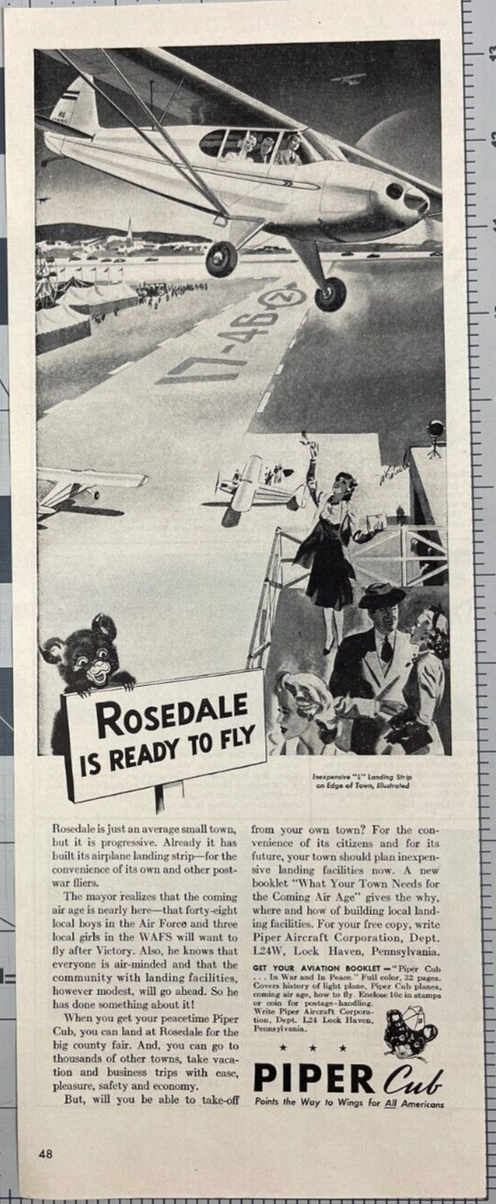 1944 Piper Cub WWII Vintage Print Ad City of Rosedale Airplane Aviation