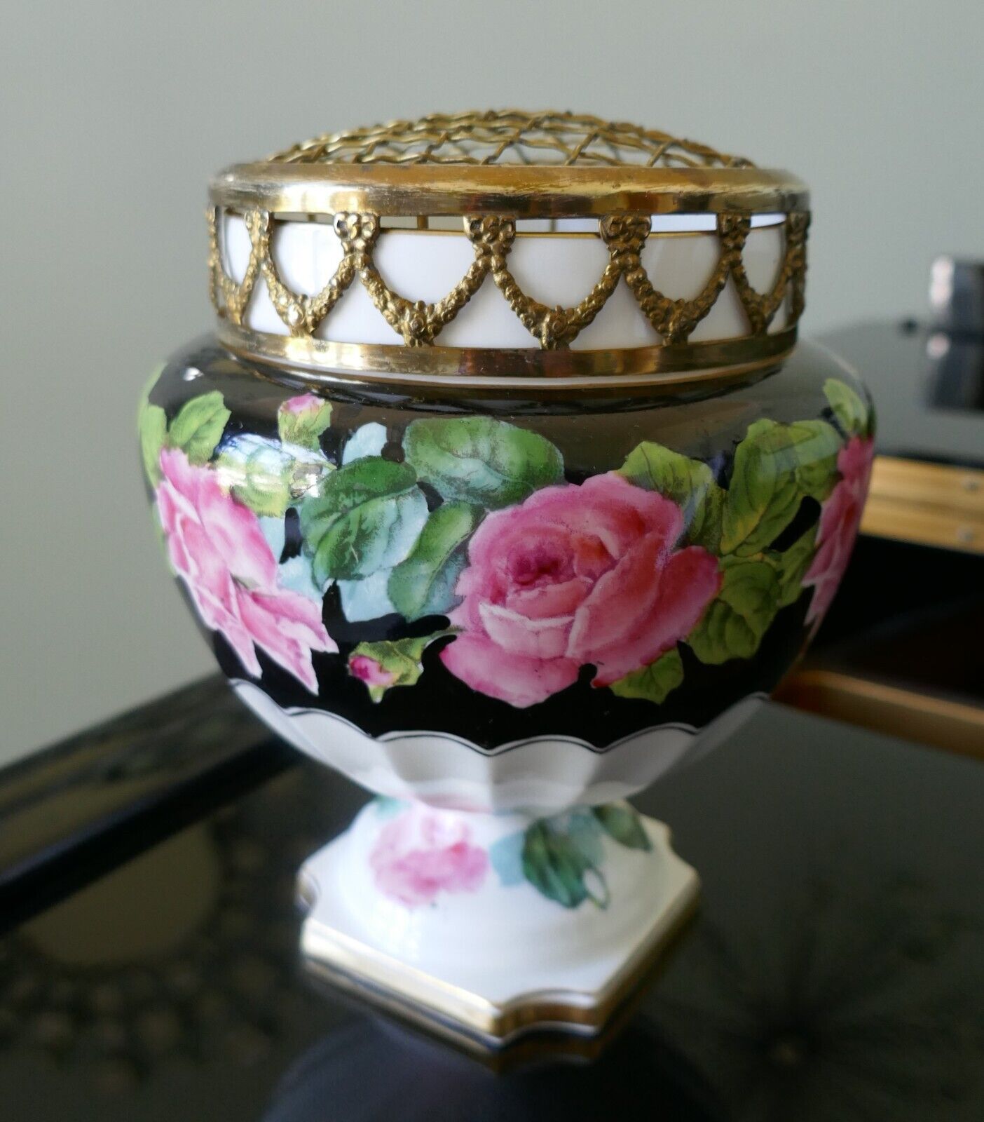 Antique George Jones Crescent & Sons Vase Urn Potpourri Flower Frog Black Roses