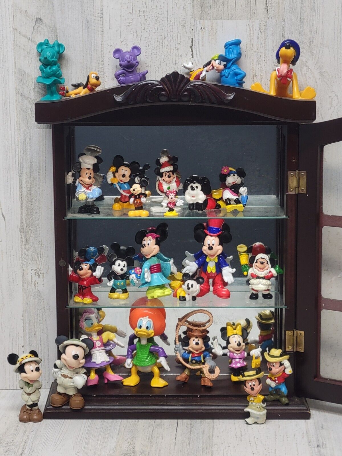 Disney Mickey & Friends Figurines Collection Lots of 27 Plus Small Glass Cabinet