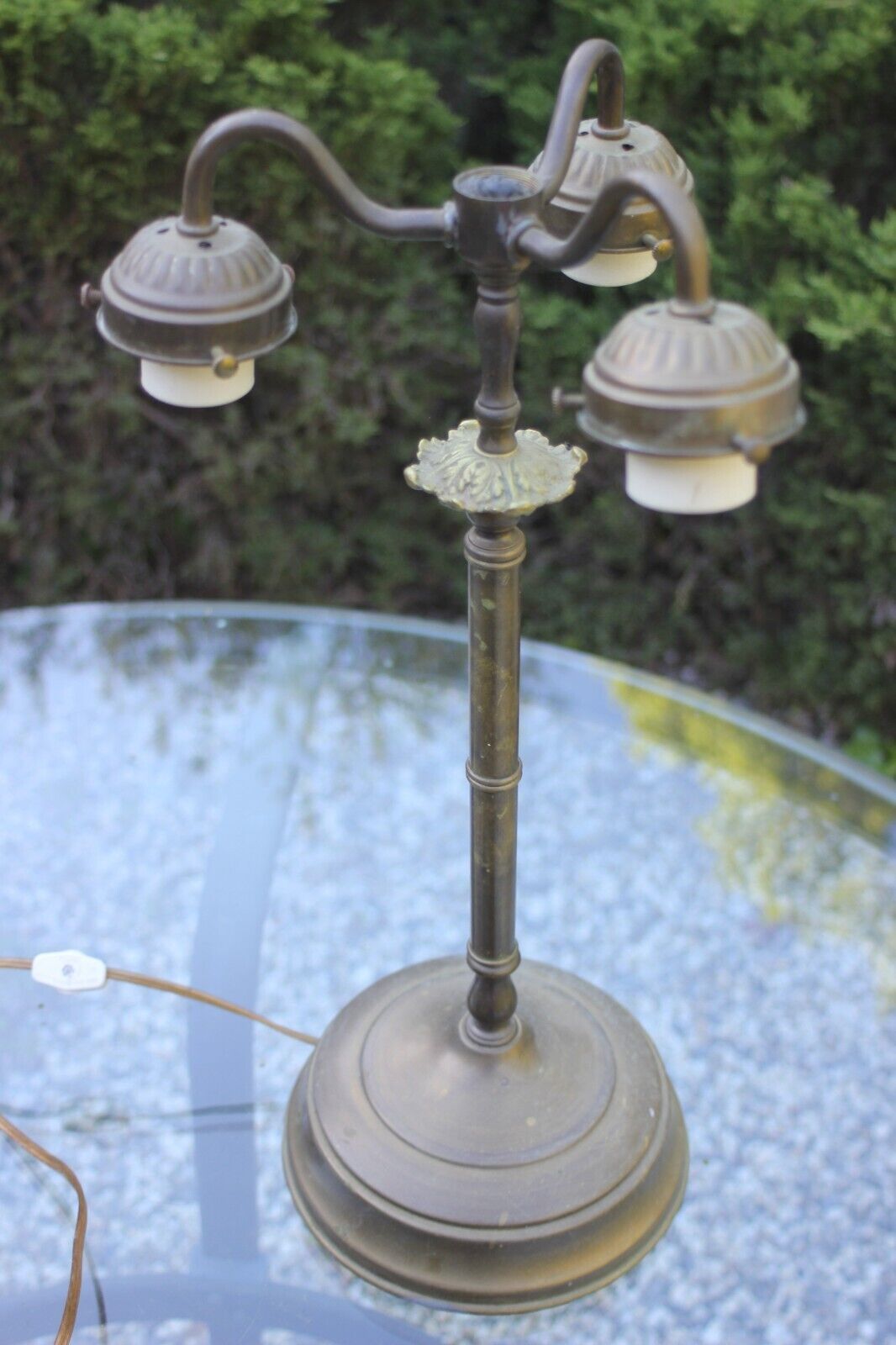 Antique brass table lamp, three arms, tested, no shades.