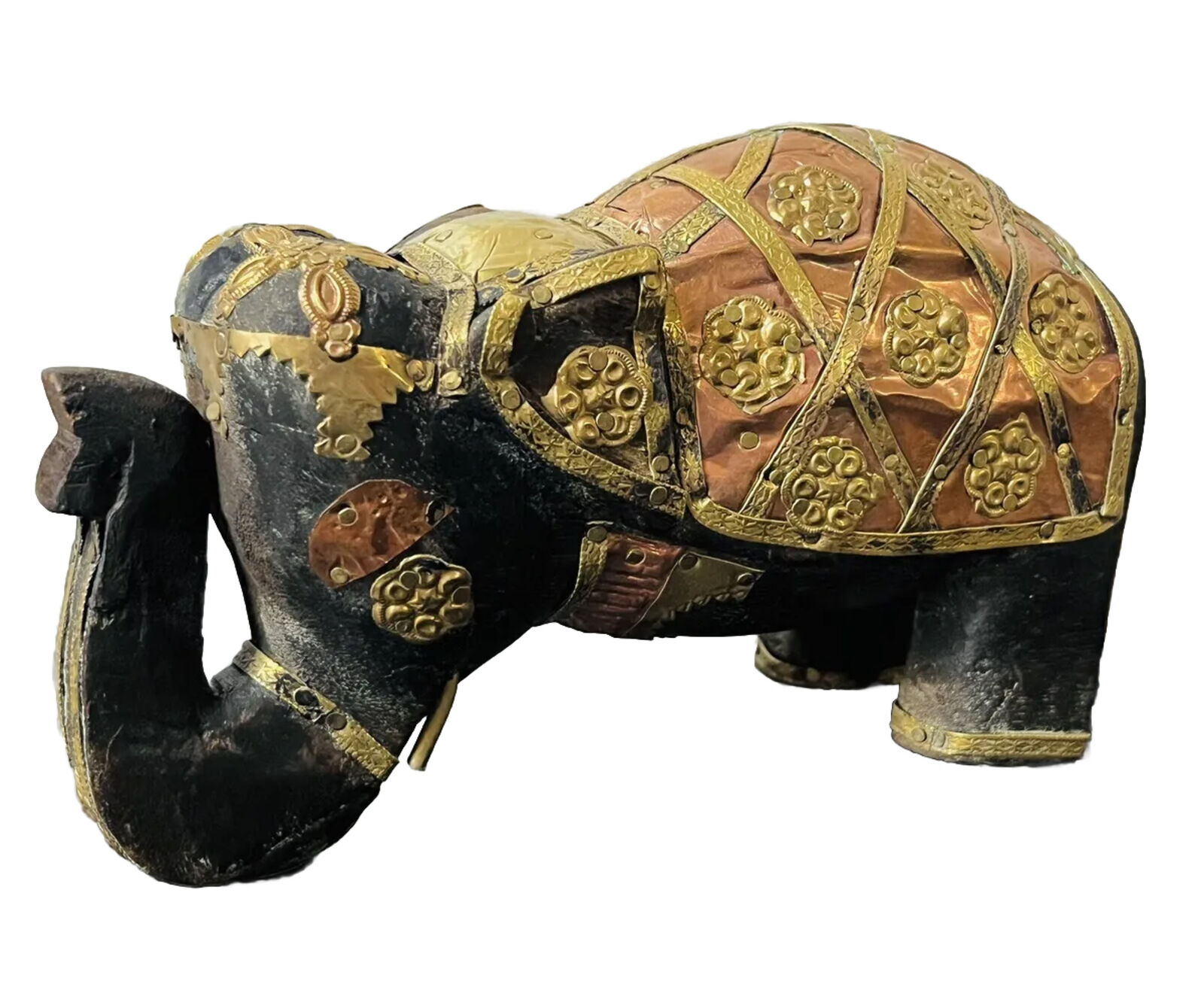 Vintage Carved Elephant Decorated in Aged Brass Copper Made in India Handmade