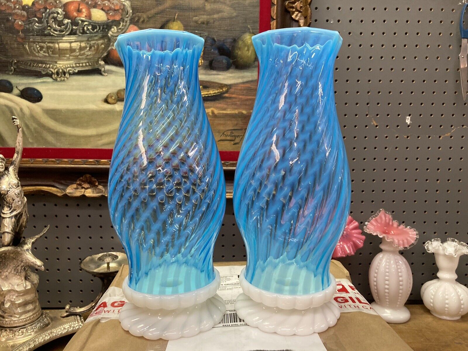 Gorgeous Pair Of Vintage Fenton Blue Swirl Opalescent Hurricane / Candle Lamps