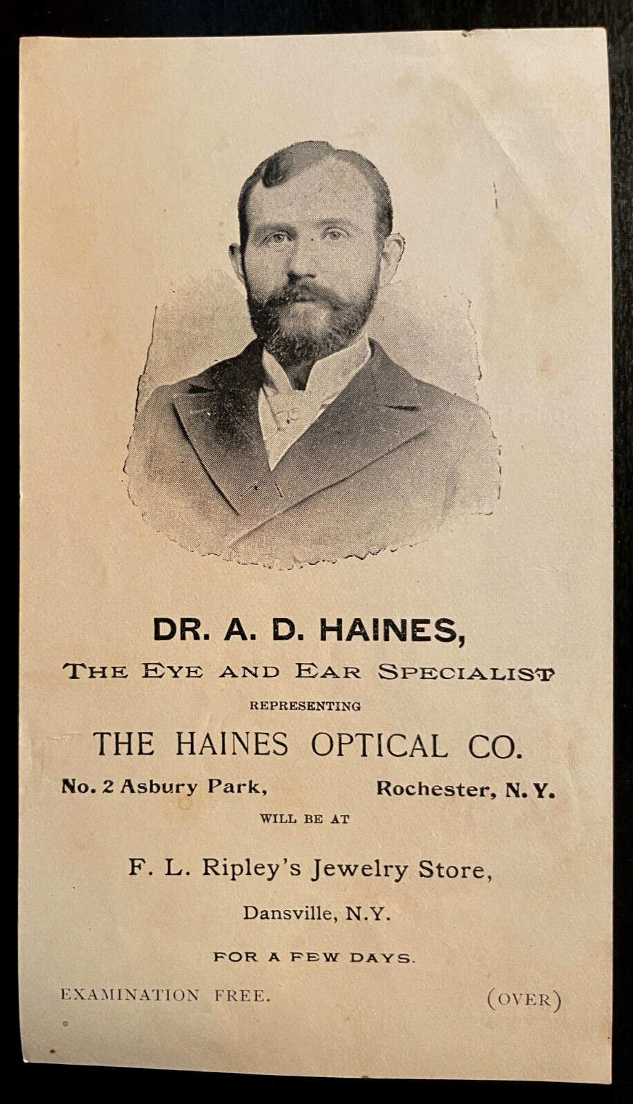 Vintage Advertising Dr. A.D. Haines, The Eye & Ear Specialist, Haines Optical Co