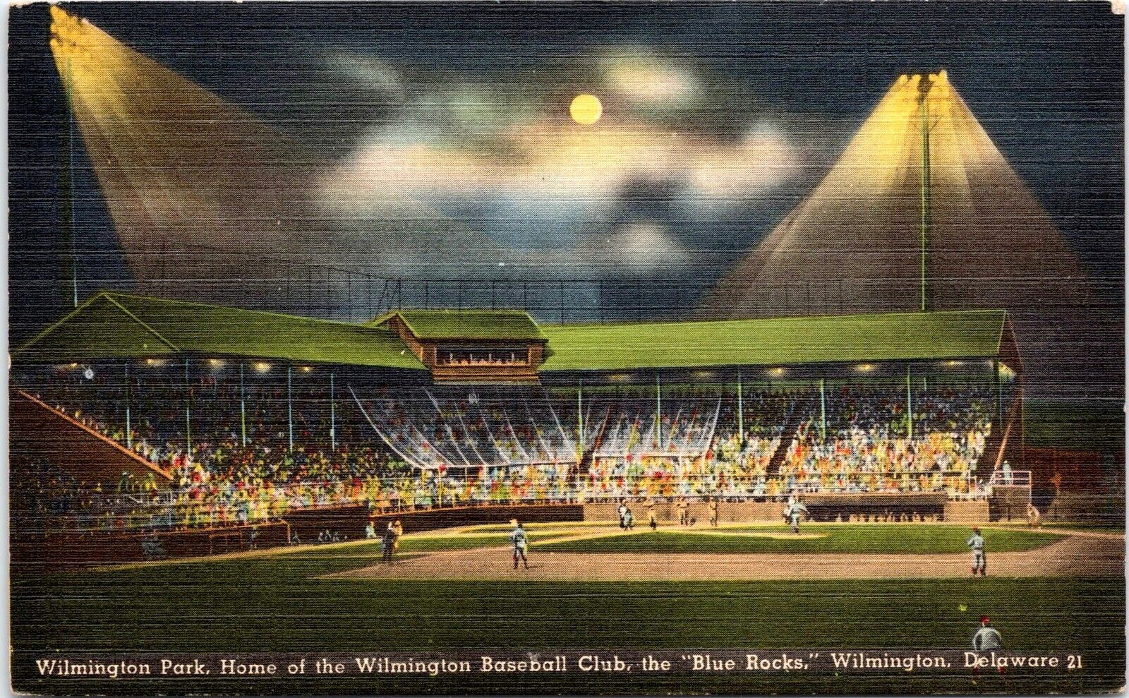 Night Game, Wilmington Baseball Park, Wilmington Delaware- c1940s Linen Postcard