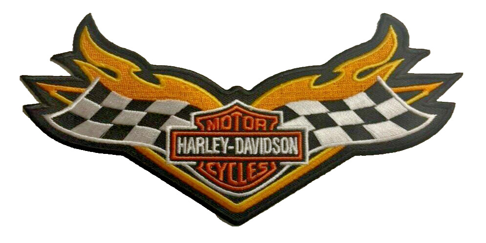 HARLEY DAVIDSON CHECKERED FLAG WITH FLAMES LARGE IRON ON PATCH 7X4 INCH