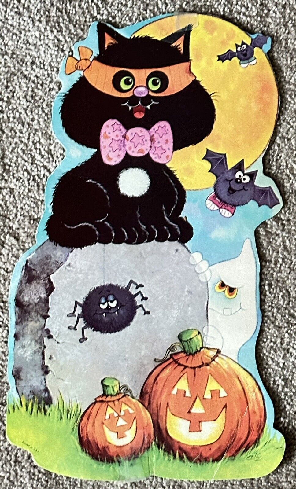 Halloween Scene Die Cut 2 Sided Window Poster Black Cat Bats Spider 15” Vintage