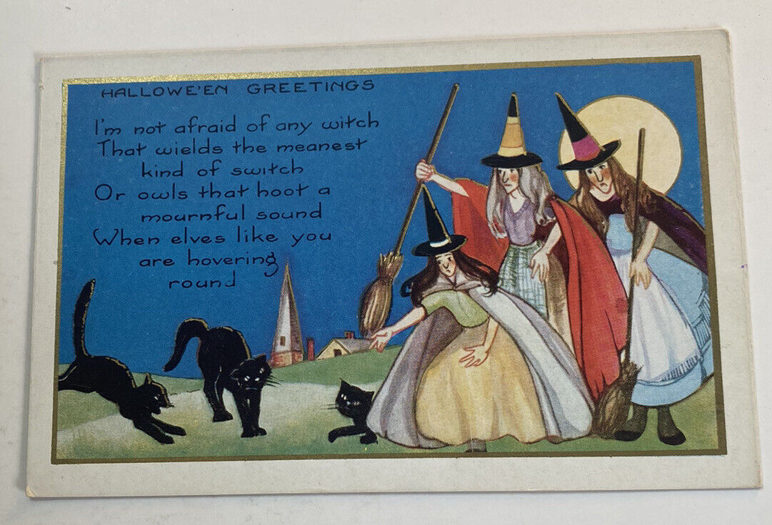 Rare Whitney Halloween Greetings Postcard ~ Witches Full Moon, Black Cats, poem