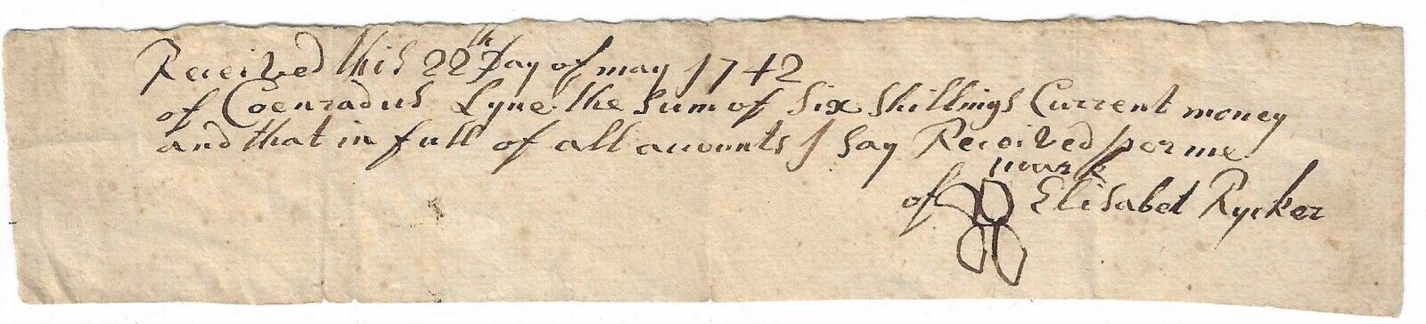 1742 Pompton NJ Elisabet Rycken Handwritten Receipt Lines Colonial New Jersey