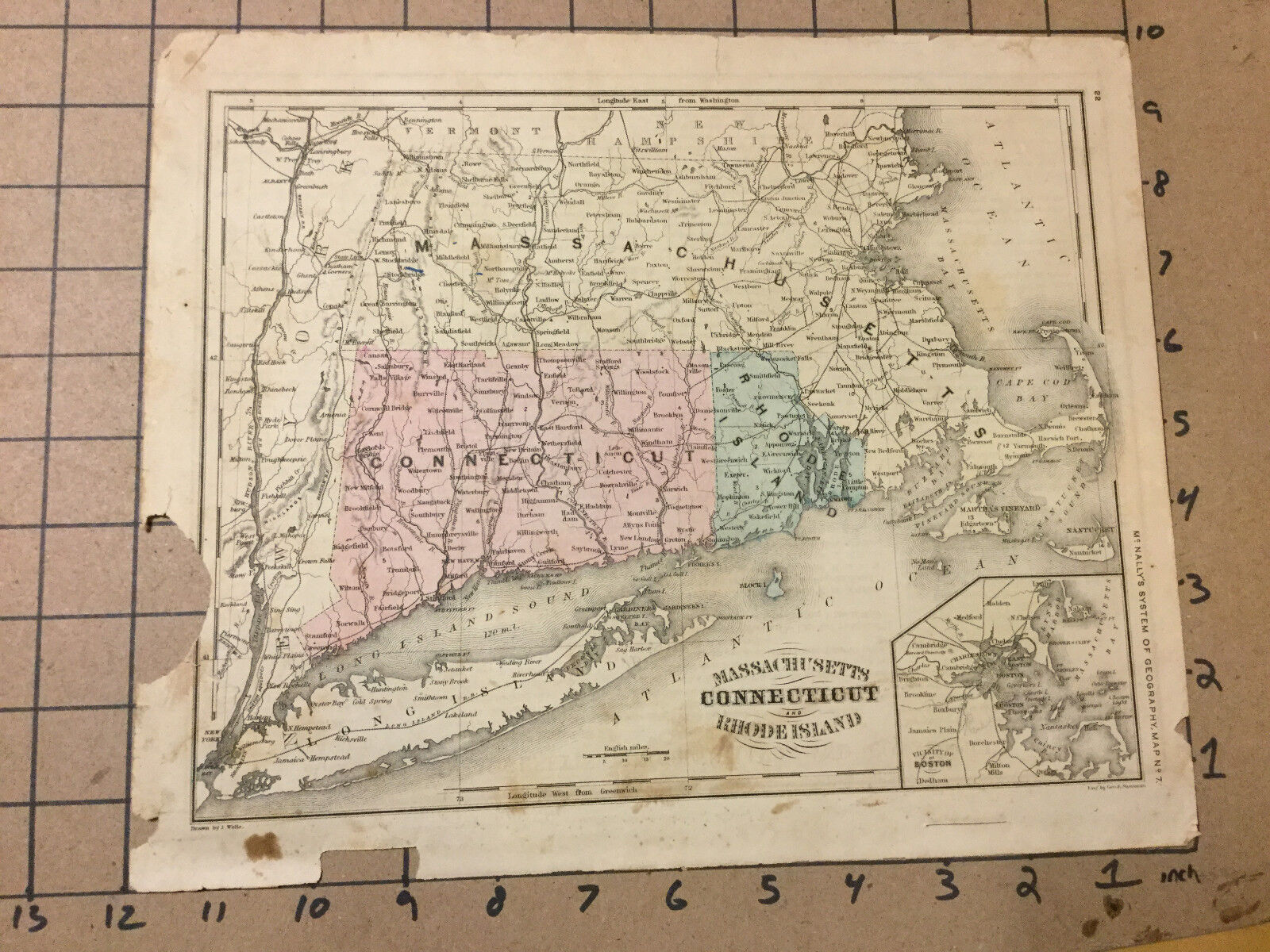Vintage early map -- Mass Connecticut Rhode Island -- McNally's map #7 - 1858