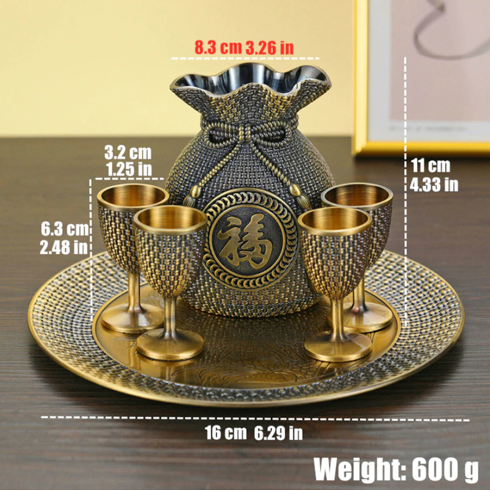 Japanese Sake Set Ancient Bronze Carved Metal Wine Pot Cup Drink Shot Art Decor