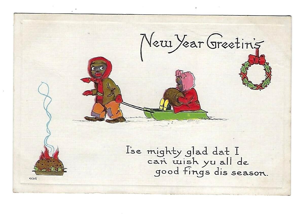c1913 S.Bergman New Years Postcard Young Boy Pulling Little Girl in Sled