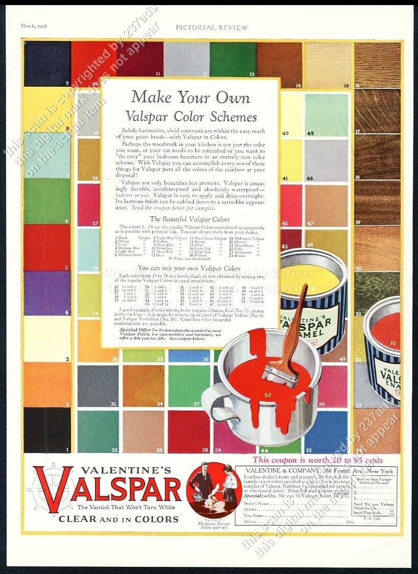 1928 Valentine\'s Valspar house paint 52 color chart art vintage print ad