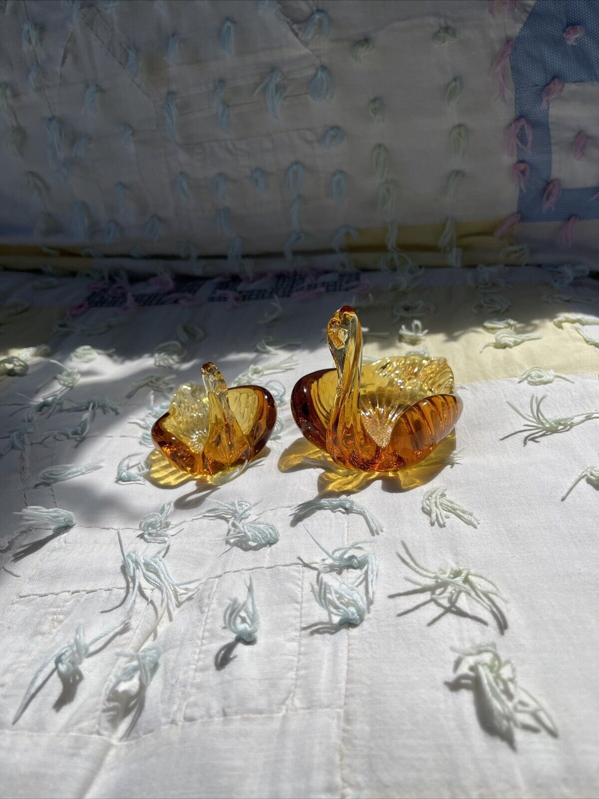 MCM - 2 hand blown glass swans - vintage amber art glass - EUC