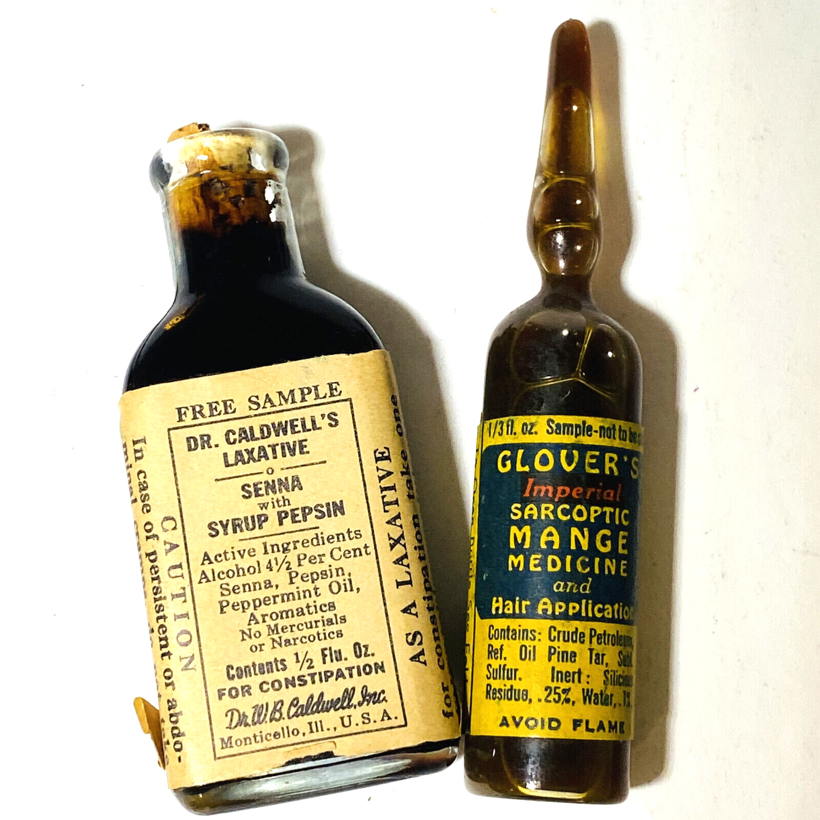 Vintage Medicine Bottles Dr Caldwells Laxative & Glovers Mange Medicine Ampoule