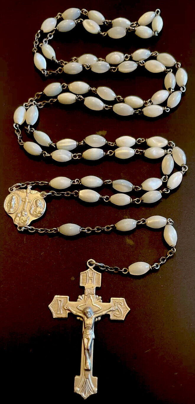 Vintage Genuine Mother Pearl MOP 5 Decade Rosary Silver Filled Crucifix & Center