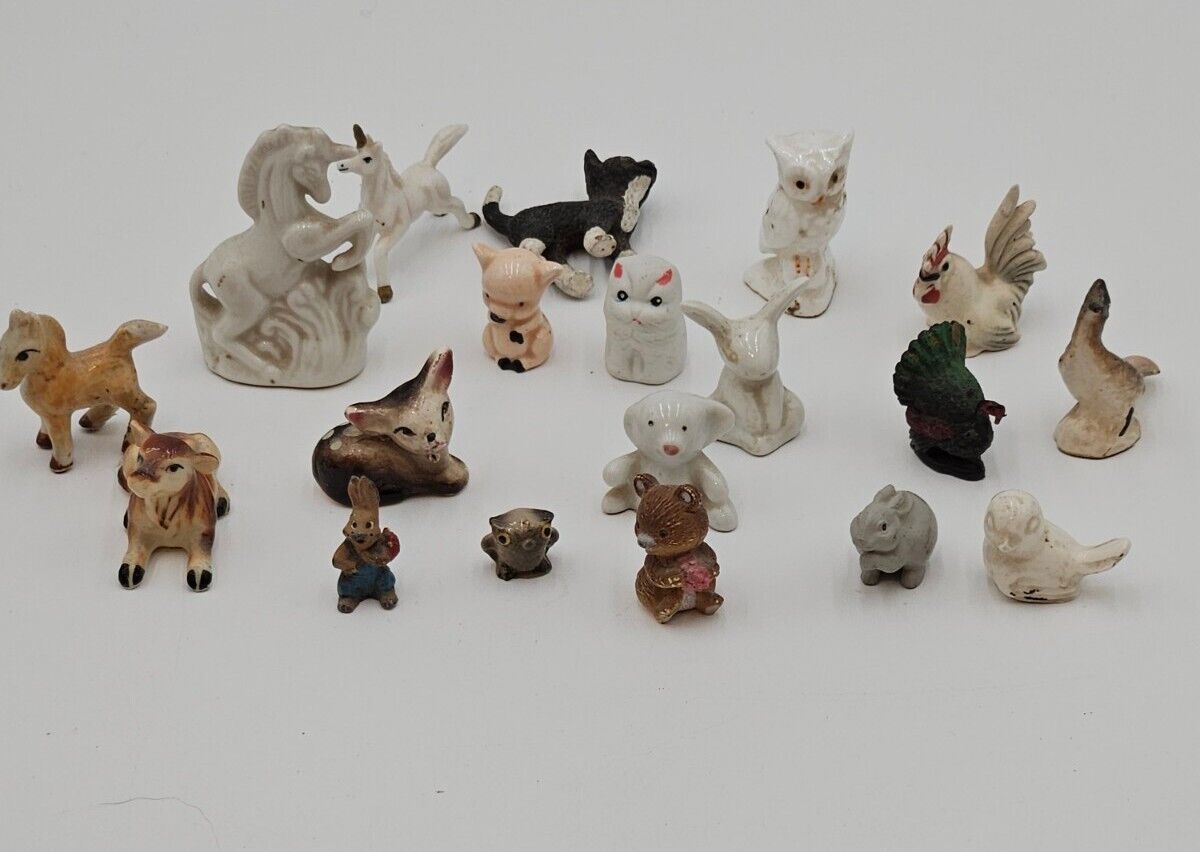 Lot Of Vintage Miniature Animals Deer Unicorn Horse Cat Chicken Bird Rabbit 