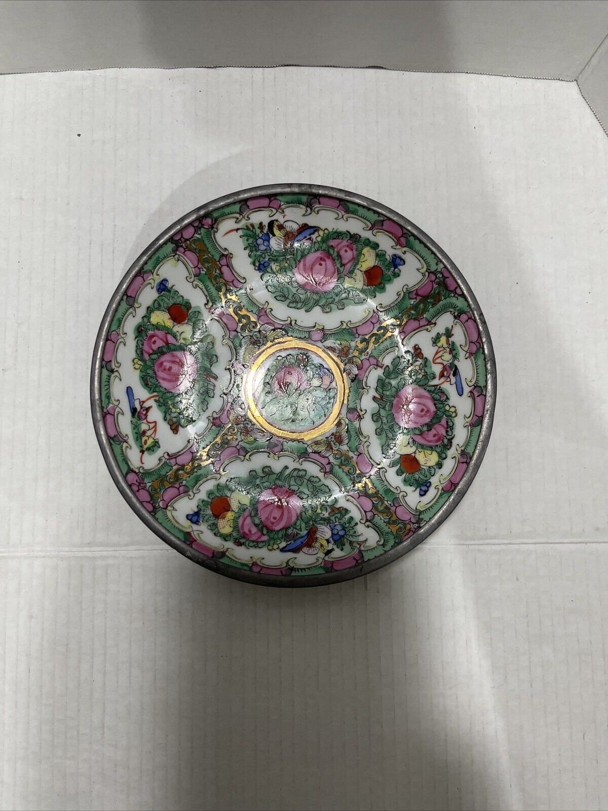 VTG Chinese Canton Famille Rose Medallion Pewter Encased Hand Painted Bowl Dish