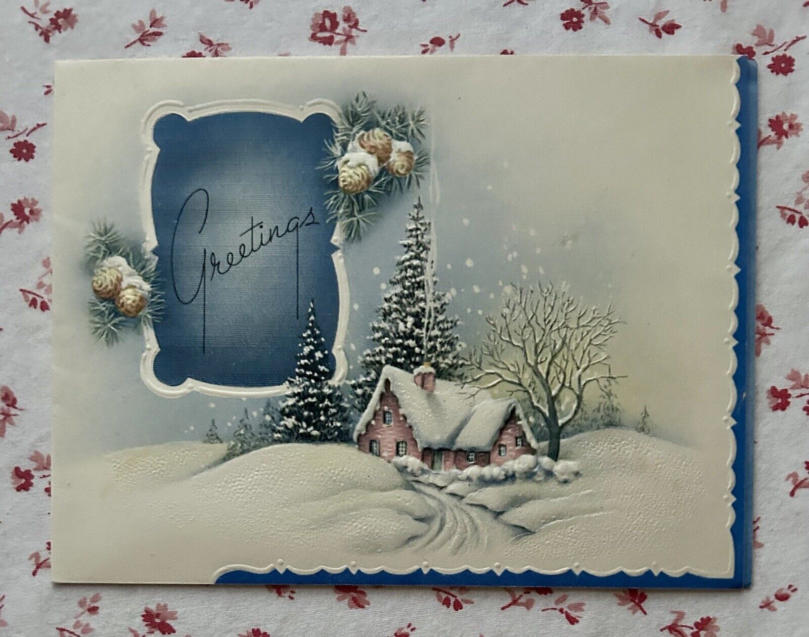 Vintage 1940s Christmas Cute Pink House Rural Snow Scene Embossed Greeting Card