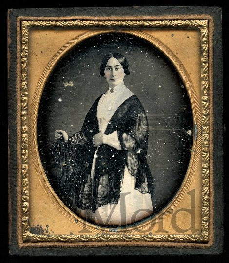 Beautiful 1850s 1/6 Daguerreotype of a Woman in Black Lace Shawl  Gothic Chair