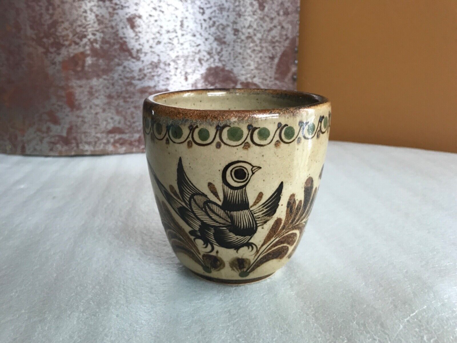 Vintage Carlos Villanueva Signed Mexican FOLK ART Pottery Cup Mug Bird & Floral