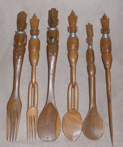 Retro Tiki Wood Serving Set Forks Spoons 6 Faces Heads BBQ Picnic