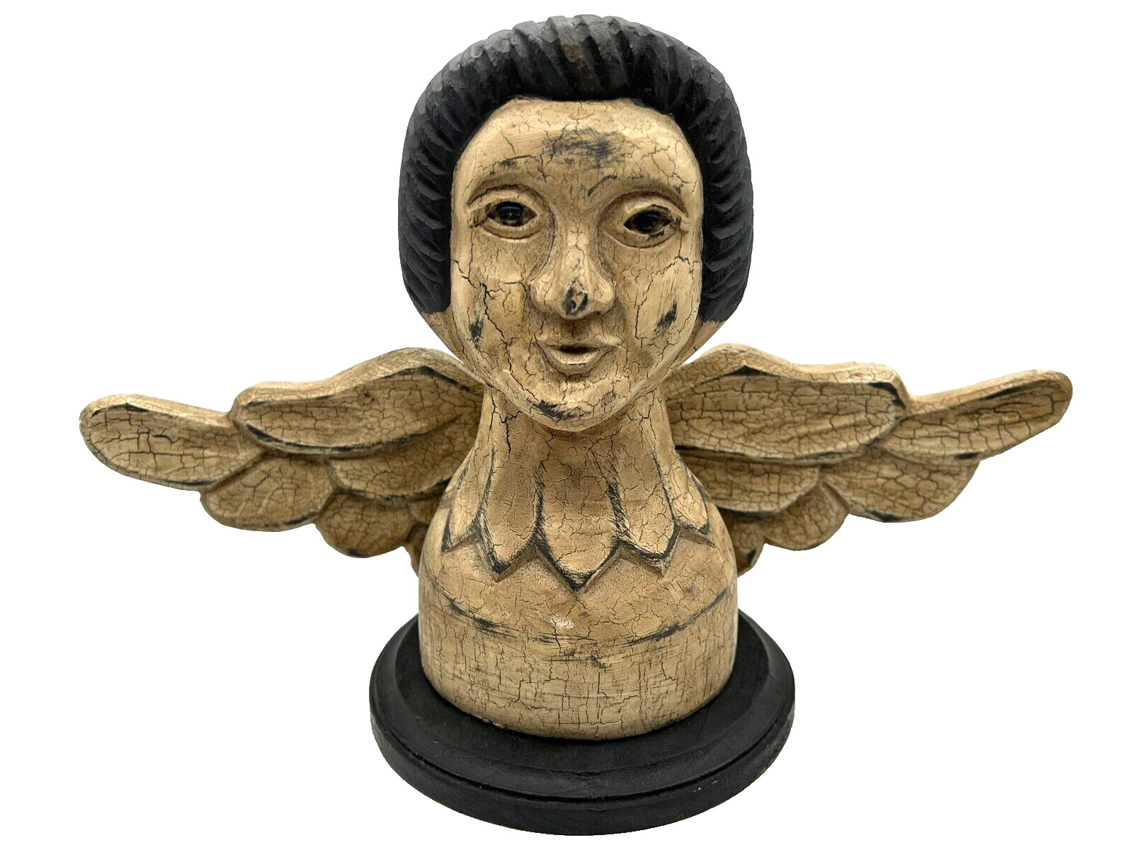 Vintage Primitive Hand Carved Wood Angel Bust Putti Sculpture Archangel Figure