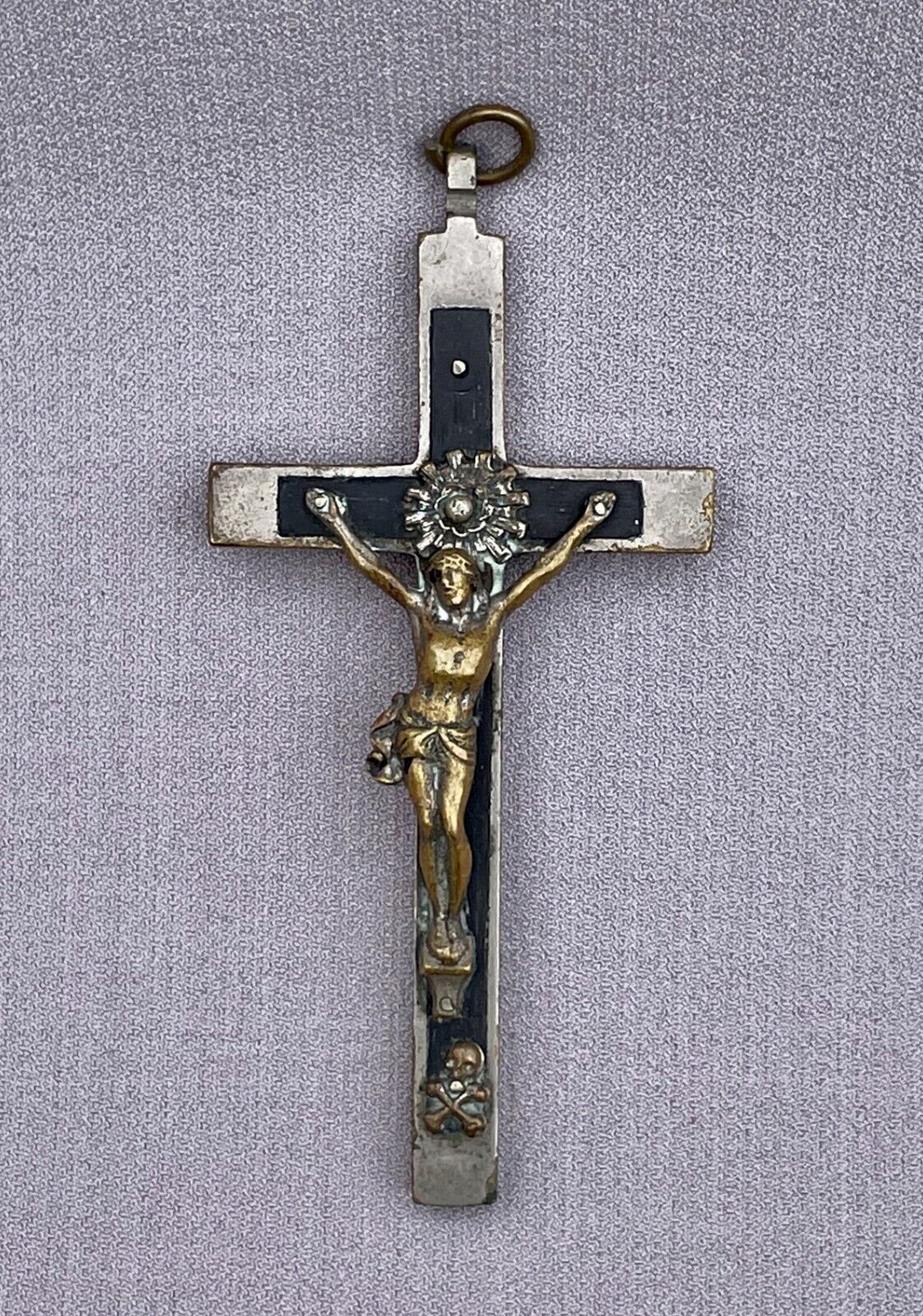 Unusual Antique Silver Plate & Ebony Crucifix w/Skull & Crossbones