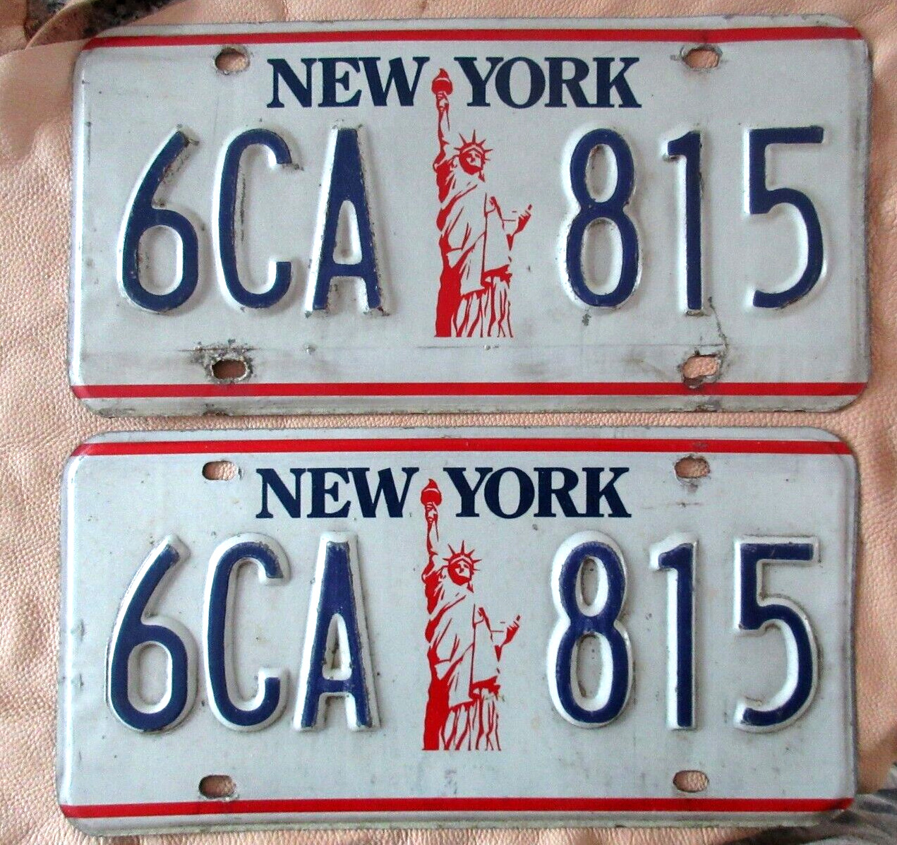New York Liberty license plate pair 6CA-815 used steel 1990 vintage