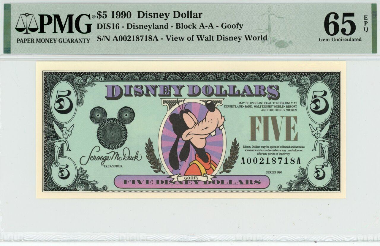 1990 $5 Disney Dollar Goofy PMG 65 EPQ (DIS16)