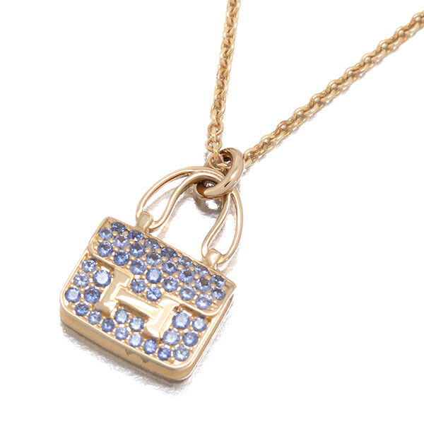 Hermes Amulet Constance Blue Sapphire S0.53Ct Necklace 40Cm K18Pg Bag Motif Box 