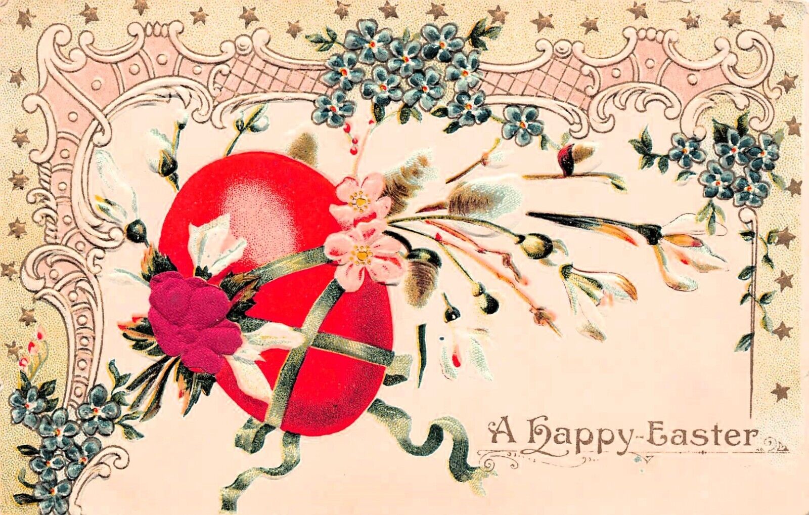 Antique Easter Card Ornate Red Egg Flowers Victorian Lace Vtg Postcard D19
