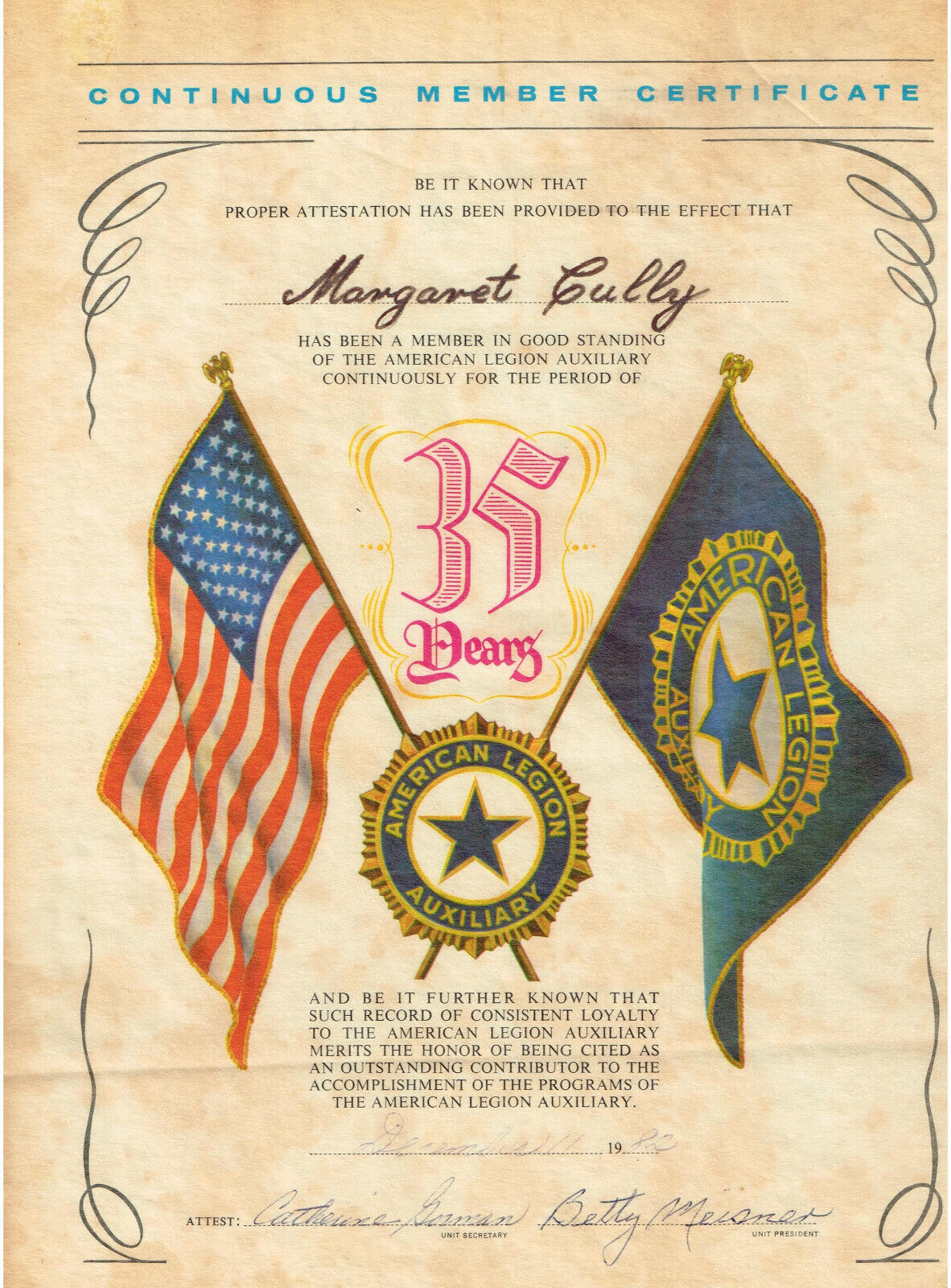 2 Vintage American Legion Continuous Member Certificates 1979 & 1982