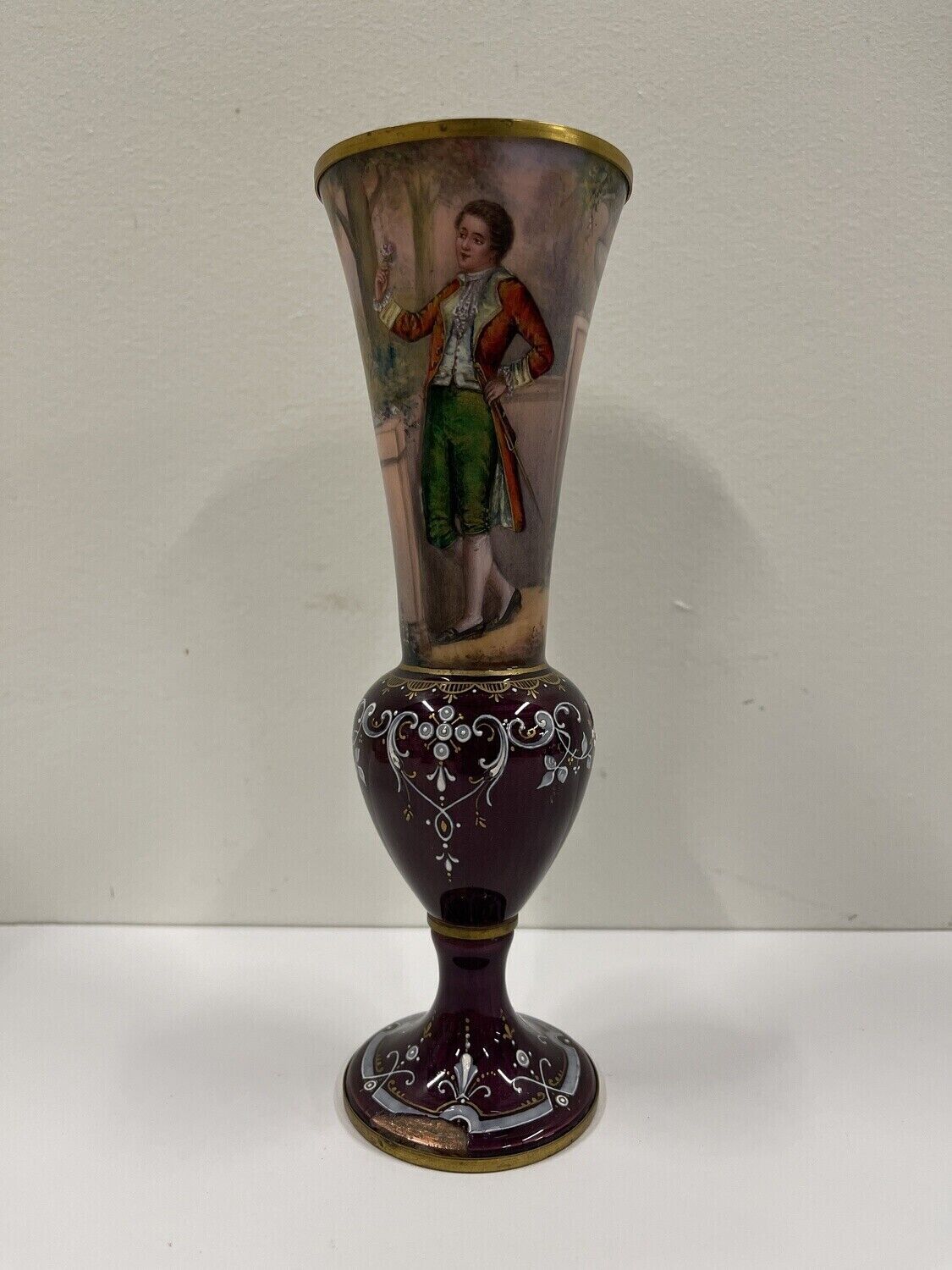 Antique Enamel on Copper Portrait Vase